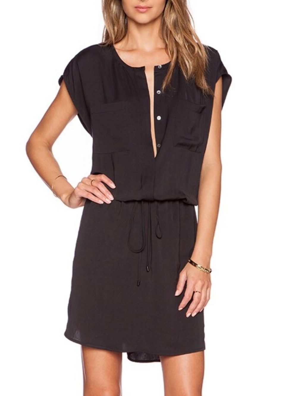 VINCE. Crew Neck Shirt Dress, Button Down, Drawstring Waist, Black